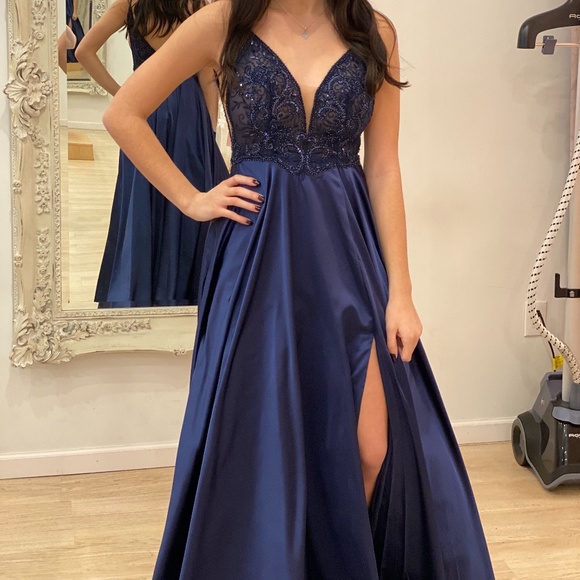 Faviana Sheer Blue Prom Dress - Picture 9 of 14